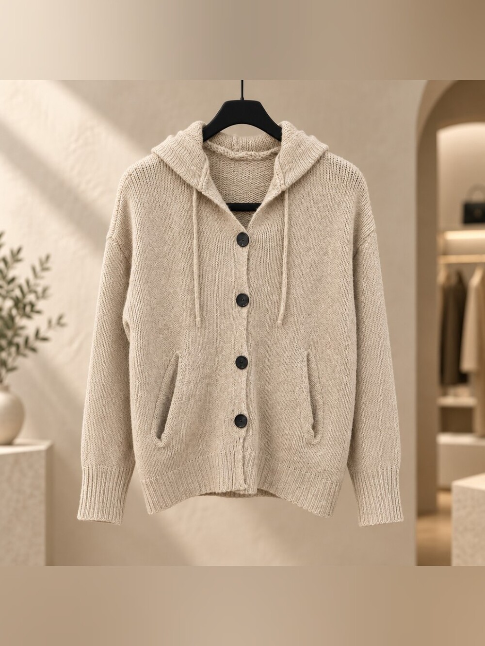 Cozy Hooded Button-Front Sweater Cardigan - Tan Color, Medium Size